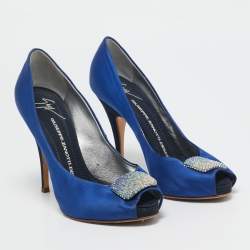 Giuseppe Zanotti Blue Satin Crystal Embellished Peep Toe Platform Pumps Size 37