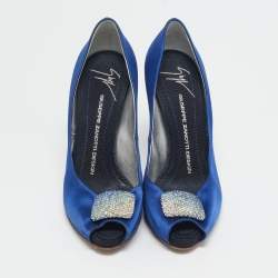 Giuseppe Zanotti Blue Satin Crystal Embellished Peep Toe Platform Pumps Size 37