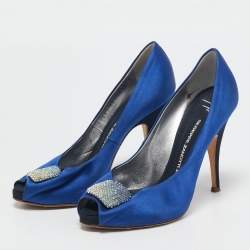 Giuseppe Zanotti Blue Satin Crystal Embellished Peep Toe Platform Pumps Size 37