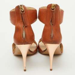 Pre Owned Giuseppe Zanotti Tan Leather Metal Detail T-Strap Sandals Size 37.5