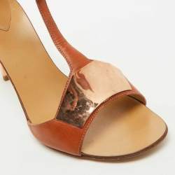 Pre Owned Giuseppe Zanotti Tan Leather Metal Detail T-Strap Sandals Size 37.5