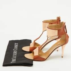 Pre Owned Giuseppe Zanotti Tan Leather Metal Detail T-Strap Sandals Size 37.5