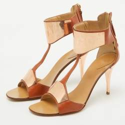 Pre Owned Giuseppe Zanotti Tan Leather Metal Detail T-Strap Sandals Size 37.5