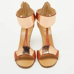Pre Owned Giuseppe Zanotti Tan Leather Metal Detail T-Strap Sandals Size 37.5