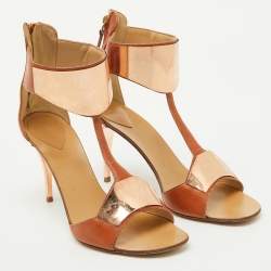 Pre Owned Giuseppe Zanotti Tan Leather Metal Detail T-Strap Sandals Size 37.5