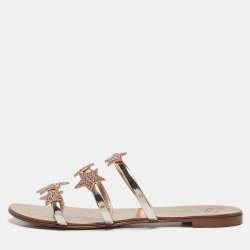 Giuseppe Zanotti Metallic Leather and Suede Star Flat Slides Size 39