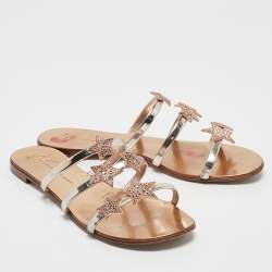 Giuseppe Zanotti Metallic Leather and Suede Star Flat Slides Size 39