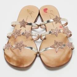 Giuseppe Zanotti Metallic Leather and Suede Star Flat Slides Size 39