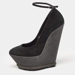 Giuseppe Zanotti Black Suede Wedge Platform Ankle Strap Pumps Size 39