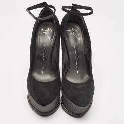 Giuseppe Zanotti Black Suede Wedge Platform Ankle Strap Pumps Size 39