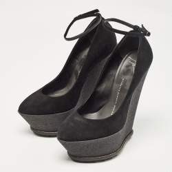 Giuseppe Zanotti Black Suede Wedge Platform Ankle Strap Pumps Size 39