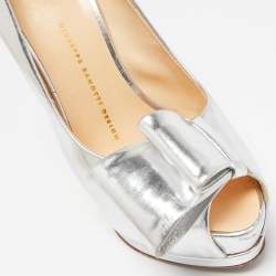 Giuseppe Zanotti Silver Leather Bow Peep Toe Platform Pumps Size 37.5