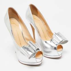 Giuseppe Zanotti Silver Leather Bow Peep Toe Platform Pumps Size 37.5