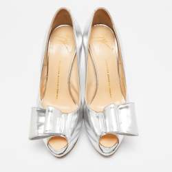 Giuseppe Zanotti Silver Leather Bow Peep Toe Platform Pumps Size 37.5