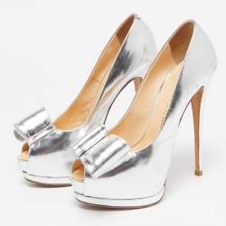 Giuseppe Zanotti Silver Leather Bow Peep Toe Platform Pumps Size 37.5