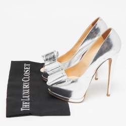 Giuseppe Zanotti Silver Leather Bow Peep Toe Platform Pumps Size 37.5