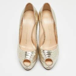 Giuseppe Zanotti Gold Python Embossed Leather Peep Toe Platform Pumps Size 38