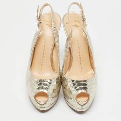 Giuseppe Zanotti Gold Python Embossed Leather Peep Toe Slingback Sandals Size 37.5