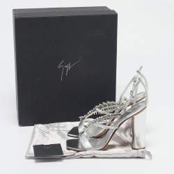 Pre Owned Giuseppe Zanotti Silver Leather Fishbone Embellished Ankle Strap Sandals Size 37