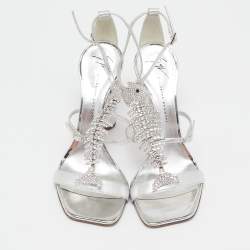 Pre Owned Giuseppe Zanotti Silver Leather Fishbone Embellished Ankle Strap Sandals Size 37