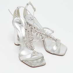 Pre Owned Giuseppe Zanotti Silver Leather Fishbone Embellished Ankle Strap Sandals Size 37