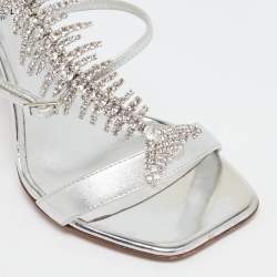 Pre Owned Giuseppe Zanotti Silver Leather Fishbone Embellished Ankle Strap Sandals Size 37