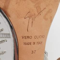 Pre Owned Giuseppe Zanotti Silver Leather Fishbone Embellished Ankle Strap Sandals Size 37