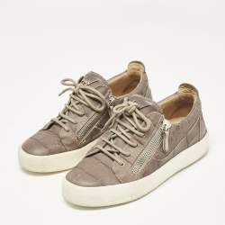 Giuseppe Zanotti Taupe Grey Croc Embossed Leather Frankie Low Top Sneakers Size 39