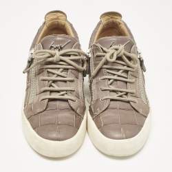 Giuseppe Zanotti Taupe Grey Croc Embossed Leather Frankie Low Top Sneakers Size 39