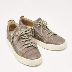 Giuseppe Zanotti Taupe Grey Croc Embossed Leather Frankie Low Top Sneakers Size 39