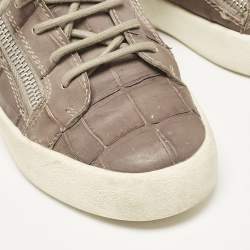 Giuseppe Zanotti Taupe Grey Croc Embossed Leather Frankie Low Top Sneakers Size 39