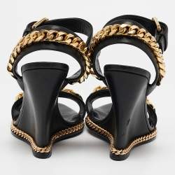 مملوكة مسبقًا Giuseppe Zanotti Black Leather Chain Link Detail Wedge Ankle Strap Sandals Size 38