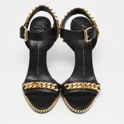 مملوكة مسبقًا Giuseppe Zanotti Black Leather Chain Link Detail Wedge Ankle Strap Sandals Size 38