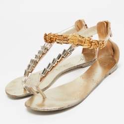 Giuseppe Zanotti Gold Leather Embellished Ankle Strap Flat Sandals Size 41
