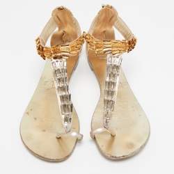 Giuseppe Zanotti Gold Leather Embellished Ankle Strap Flat Sandals Size 41