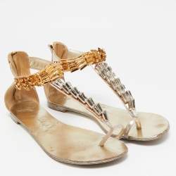 Giuseppe Zanotti Gold Leather Embellished Ankle Strap Flat Sandals Size 41