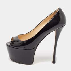 Giuseppe Zanotti Black Patent Leather Liza Peep-Toe Platform Pumps Size 38.5