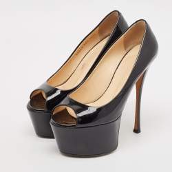 Giuseppe Zanotti Black Patent Leather Liza Peep-Toe Platform Pumps Size 38.5