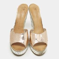 Giuseppe Zanotti Metallic Snakeskin Embossed Leather Platform Wedge Sandals Size 40