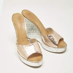 Giuseppe Zanotti Metallic Snakeskin Embossed Leather Platform Wedge Sandals Size 40