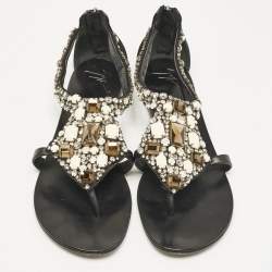 Giuseppe Zanotti Black Leather Crystal Embellished Flat Sandals Size 40