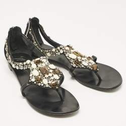 Giuseppe Zanotti Black Leather Crystal Embellished Flat Sandals Size 40