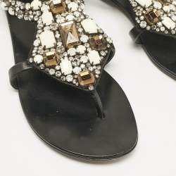 Giuseppe Zanotti Black Leather Crystal Embellished Flat Sandals Size 40