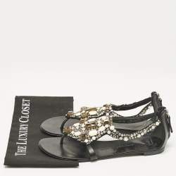 Giuseppe Zanotti Black Leather Crystal Embellished Flat Sandals Size 40