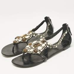 Giuseppe Zanotti Black Leather Crystal Embellished Flat Sandals Size 40
