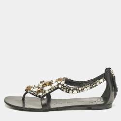 Giuseppe Zanotti Black Leather Crystal Embellished Flat Sandals Size 40