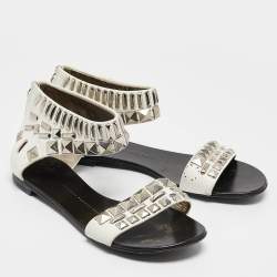 Giuseppe Zanotti White Leather Studded Ankle Cuff Zipper Flats Size 37.5
