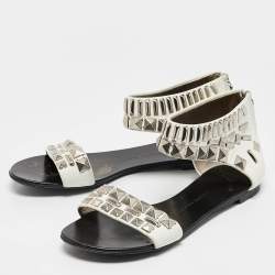 Giuseppe Zanotti White Leather Studded Ankle Cuff Zipper Flats Size 37.5