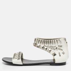 Giuseppe Zanotti White Leather Studded Ankle Cuff Zipper Flats Size 37.5