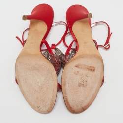Giuseppe Zanotti Red Satin Crystal Embellished Ankle Strap Sandals Size 38.5